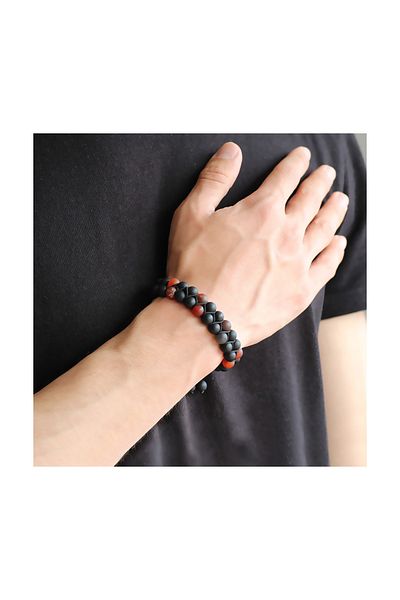 Tesbihane Macrame Knit Double Row Sphere Cut Onyx-Agate Natural Stone Bracelet 104000402