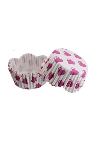 TT Tahtakale Toptancıları White to Fuchsia Heart Cupcake Cake Mold - Pet Capsule Wavy, 65X38 MM (100 Pieces)