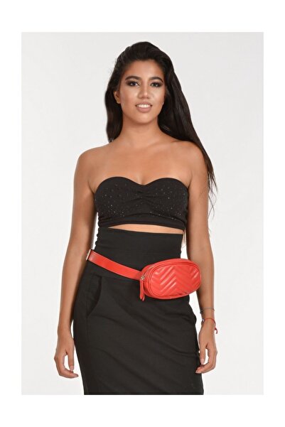 Moda1001 Zippered Zigzag Stitched Leather Women's Waist Bag - Red