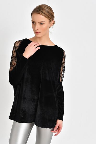 Quincey Βελούδινη μπλούζα με λεπτομέρεια ώμου Μαύρη BDM2521