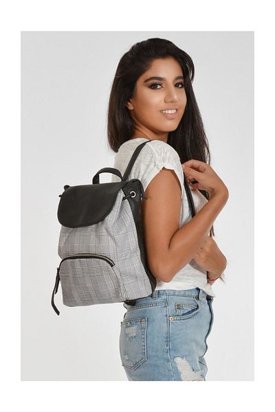 Moda1001 Καρό δερμάτινο σχολικό και επαγγελματικό σακίδιο πλάτης με μπροστινή τσέπη με φερμουάρ - Μαύρο