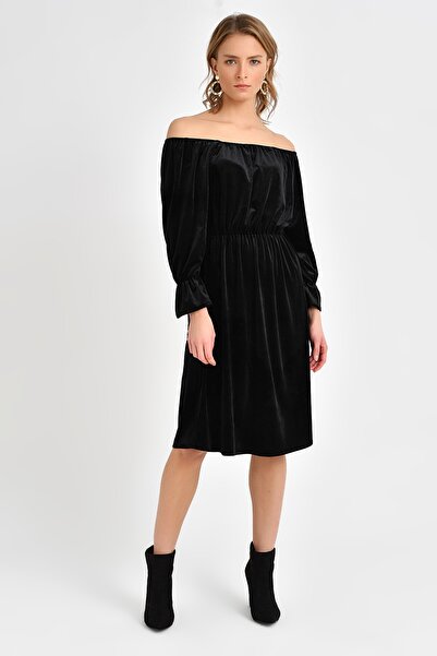 Quincey Omuz Detaylı Kadife Elbise  Siyah EBT2744