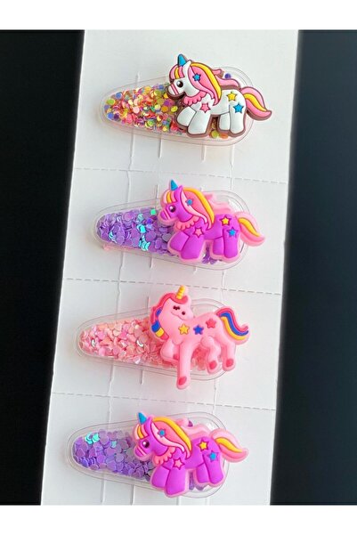 QUEEN AKSESUAR Kız Çocuk Renkli Çıt Çıt Unicorn Parlak Pullu Toka Seti No3 4'lü