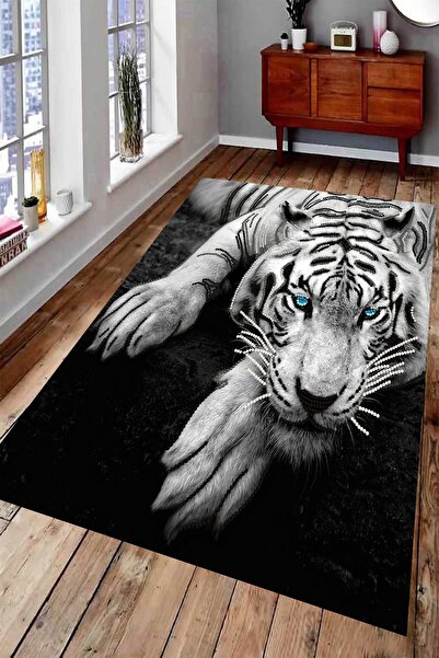 Resmiro Düşünceli Beyaz Kaplan Dijital Baskılı Halı