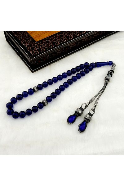 Tesbihsepetim Blue Silver Tasseled Fire Amber Rosary