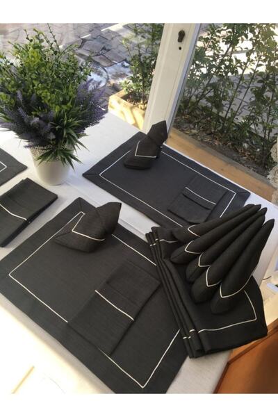 Tezgah İstanbul Sevim Çeyiz 12 Kişilik Keten Siyah Beyaz Amerikan Servisi Ve 12 Adet Kaşıklık Seti