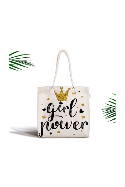 Realhomes Geanta din stofă cu fermoar, imprimată digitală, text cu model Girl Power-2123