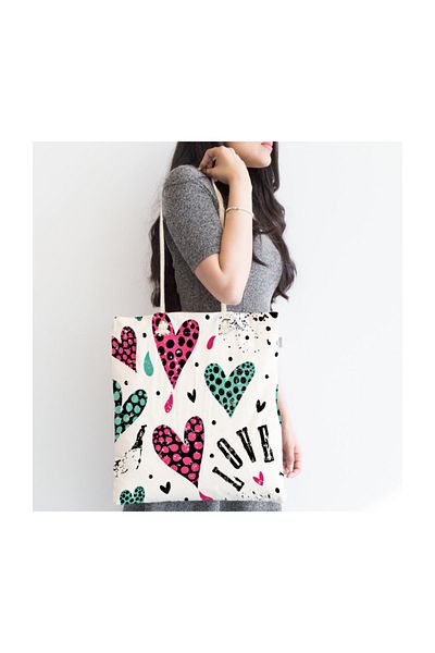 Realhomes Μοντέρνα υφασμάτινη τσάντα με φερμουάρ Heart Love Patterned Bag-2355