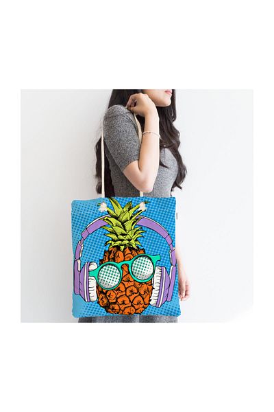 Realhomes Geantă din stofă cu fermoar cu design tropical ananas și fundal albastru Canta-3272
