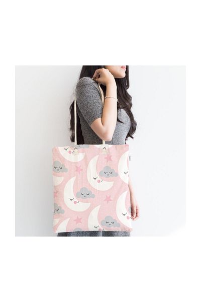 Realhomes Cloud and Star on Pink Background Digital Printed Modern Fabric Bag με φερμουάρ Canta-987