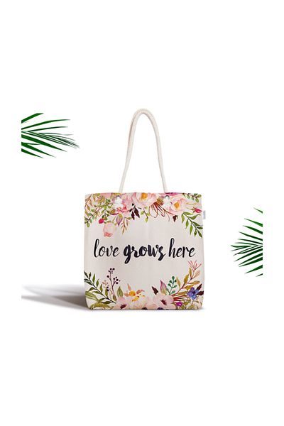Realhomes Love Grows Here Written Digital Printed Zipper Fabric Bag Canta-2281