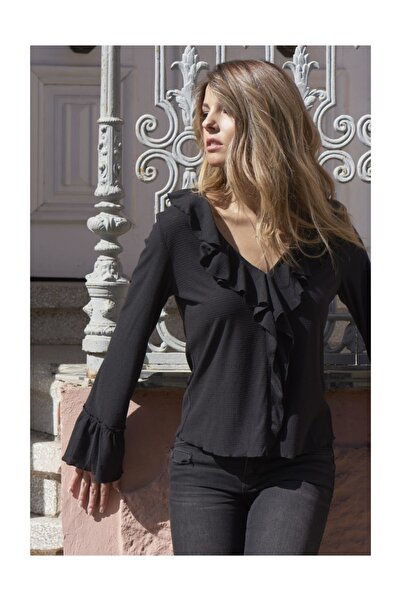 Creme De La Creme Siyah Volanlı Bluz