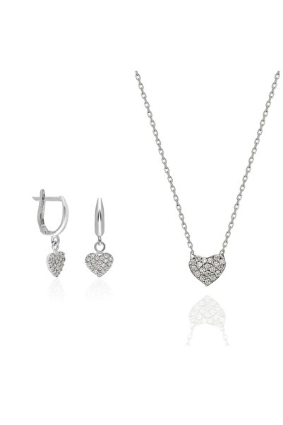 ERKOÇ JEWELLERY Kadın Gümüş 2'li Kalp Kolye Küpe Set 925 Ayar