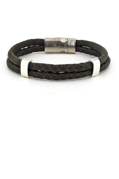 Solfera Khaki Green Colored Double Row Leather Men's Bracelet BT610