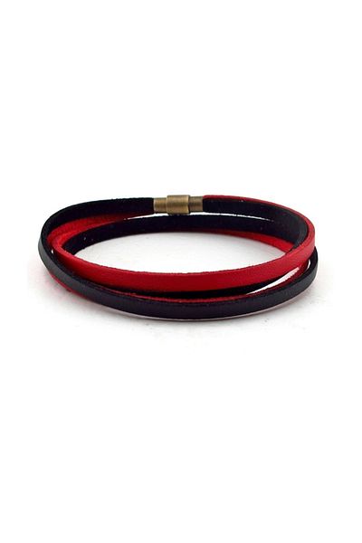 Solfera Red Black Double Row Original Leather Wrap Men's Bracelet BT634