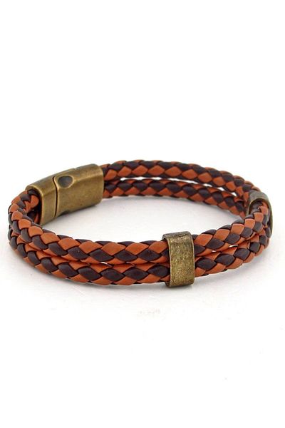 Solfera Tan Brown Double Row Leather Men's Bracelet BT609
