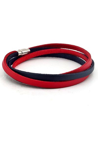 Solfera Red Navy Blue Double Row Original Leather Wrap Men's Bracelet BT633