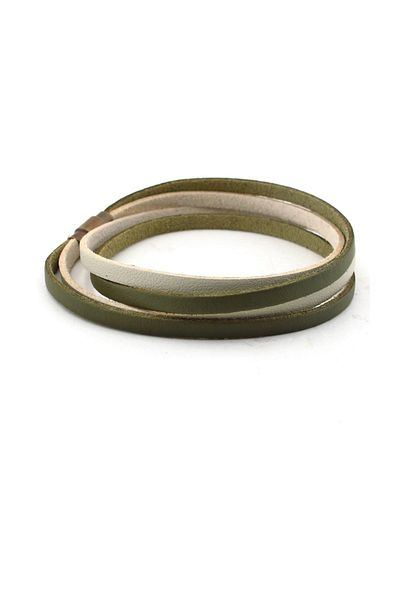 Solfera Khaki Green Cream Double Row Original Leather Wrap Men's Bracelet BT636