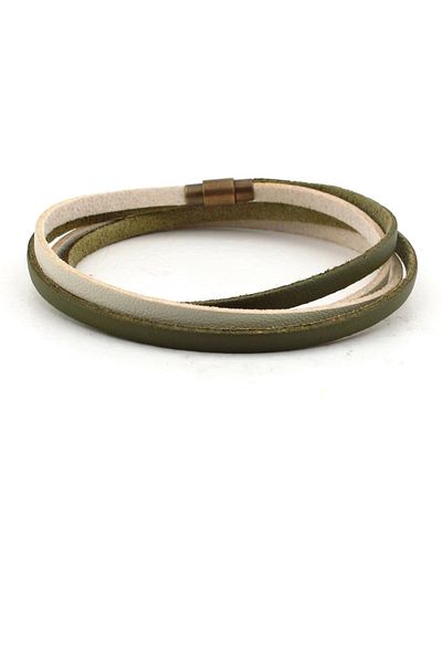 Solfera Khaki Green Cream Double Row Original Leather Wrap Men's Bracelet BT636