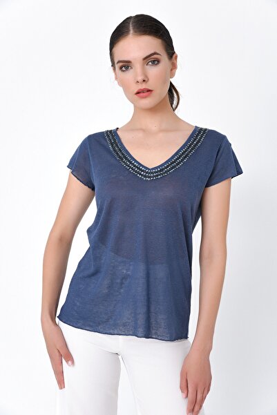 Hanna's by Hanna Darsa Kadın Lacivert Boncuk Işlemeli Basic Tshirt
