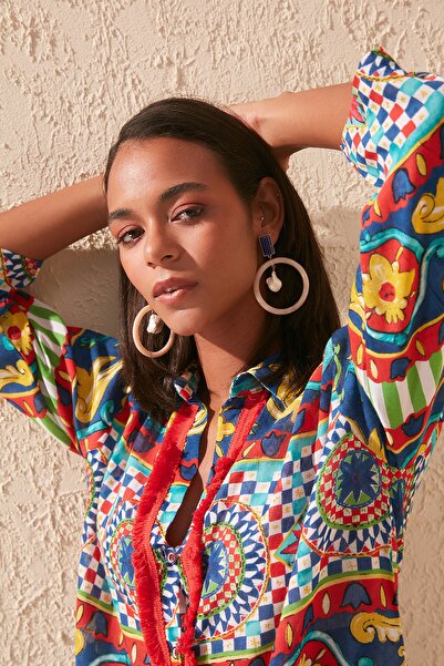 Trendyol Collection Ethnic Patterned Woven Tasseled 100% Cotton Shirt TBESS20GO0163