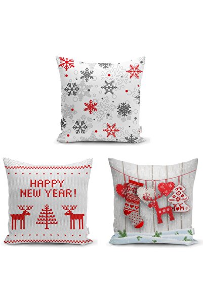 Realhomes مجموعة أغطية وسائد مزخرفة بطابع رأس السنة الجديدة مكونة من 3 قطع