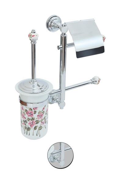 Maya Fantasia Patterned Chrome Set of 3 Covered Paper Holder + Spare Paper Holder + Porcelain Toilet Brush