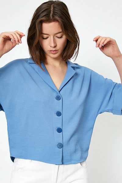 Koton Women's Blue V-Neck Shirt 0YAK68020CW