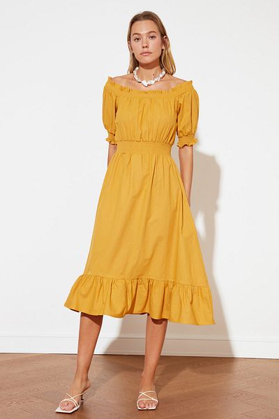 Trendyol Collection Camel Skater Waist Opened Gimp Midi Woven Linen Dress