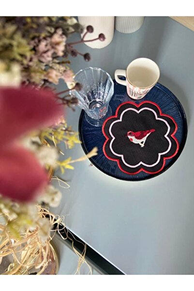 LİNDA MİA Șervețele de cocktail negru cu broderie roșie 6 buc negru