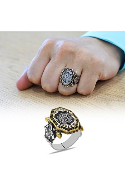 Tesbihane Siyah Zirkon Taş Mıhlamalı "Mühr-i Süleyman" İşlemeli Sekizgen Tasarım 925 Ayar Gümüş Erkek Yüzük