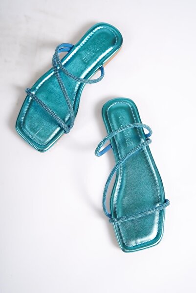 Capone Outfitters Prošívané tyrkysové dámské pantofle Capone Stoned se 3 proužky na plochém podpatku