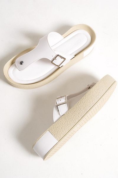 Capone Outfitters Capone Flip Flops with Side Belt Buckle Colorful Detailed Wedge Heel White Women's Slippers