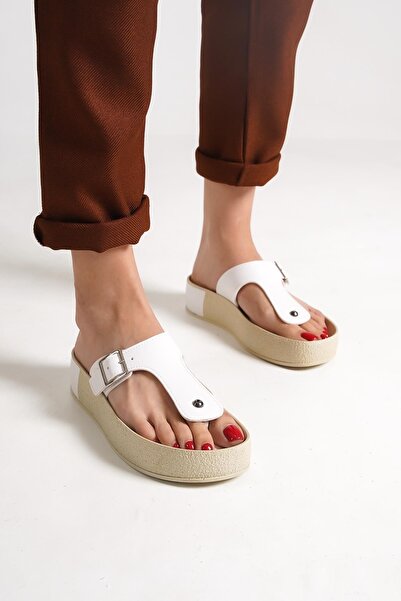 Capone Outfitters Capone Flip Flops with Side Belt Buckle Colorful Detailed Wedge Heel White Women's Slippers