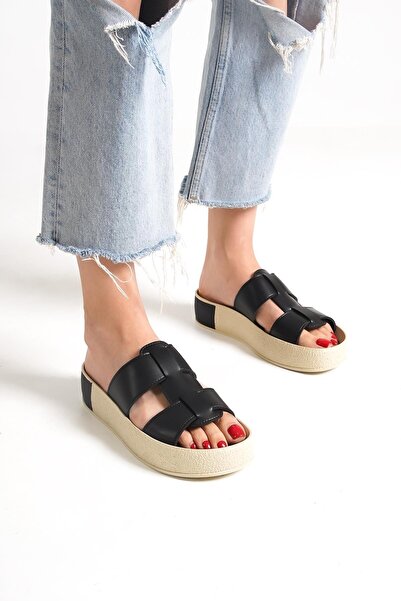 Capone Outfitters Černé dámské pantofle Capone Gladiator Double Tape s barevnými detaily na klínovém podpatku