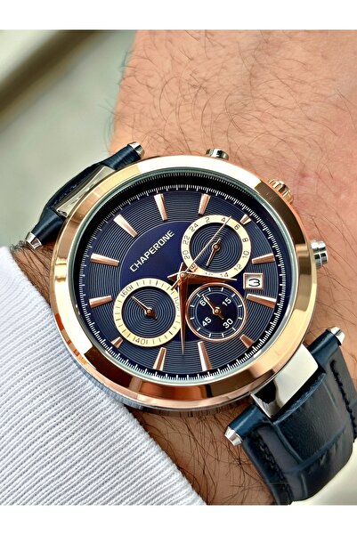 Chaperone Lacivert Renk Deri Kordon Fonksiyonlar Aktif Erkek Kol Saati + BİLE...