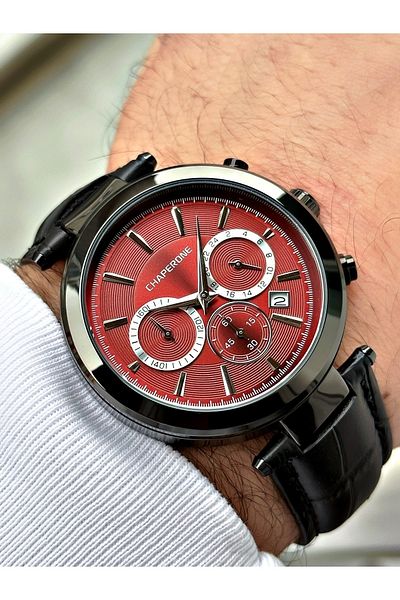 Chaperone Black Color Leather Strap Functions Active Men's Wristwatch + BRACELET WITH GIFT By Reward