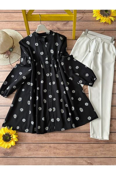 MODAQU Combination-Daisy Gathered Tunic and Trousers - Black