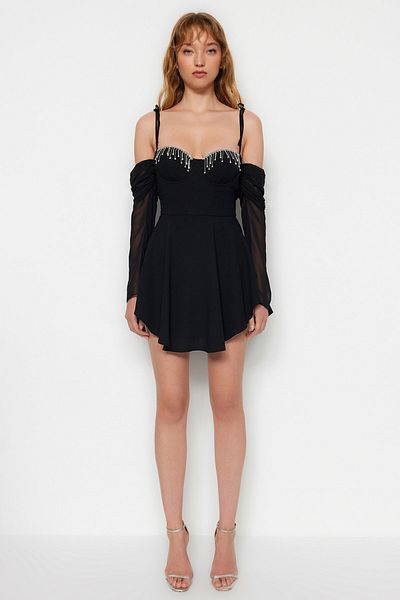 Trendyol Collection X Zeynep Tosun Black Flounce Shiny Stone Dress TCLSS23EL00014