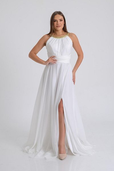 SpringStore Rochie de seara cu guler ecru cu lant