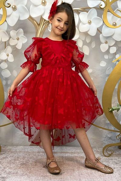 Riccotarz Girl's Butterfly Patterned, Transparent Detailed Red Dress with Tail