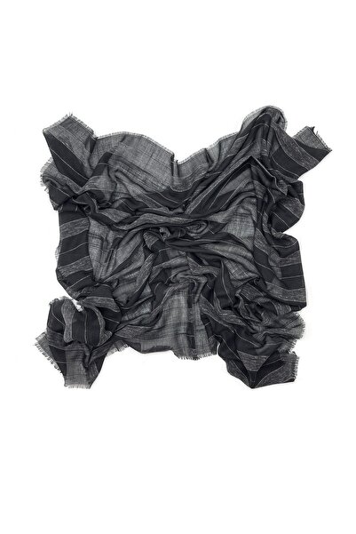 nazipek Çizgili Desenli Flamlı Ince Siyah Yazma Pamuklu Eşarp 100x100cm