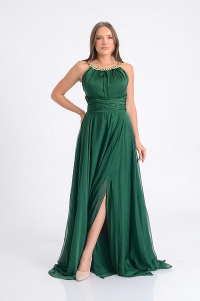 SpringStore Rochie de seara cu guler de smarald cu lant