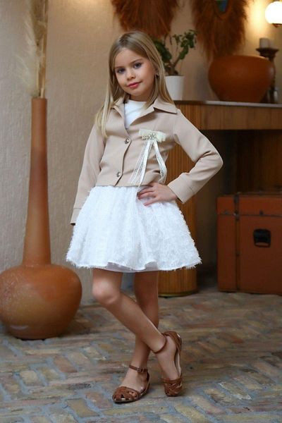 Riccotarz Children's Button Detailed Brooch Jacket Melted Chiffon Patterned Beige Skirt Suit