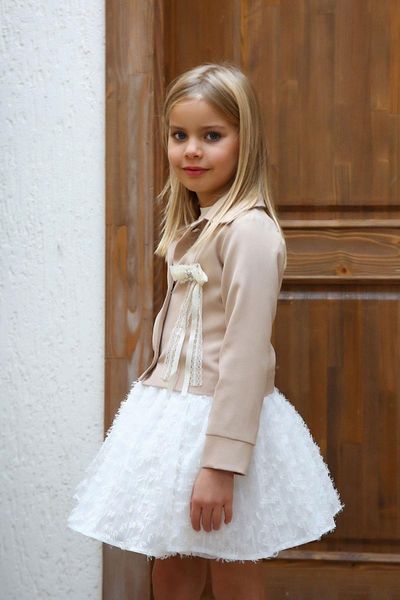 Riccotarz Children's Button Detailed Brooch Jacket Melted Chiffon Patterned Beige Skirt Suit
