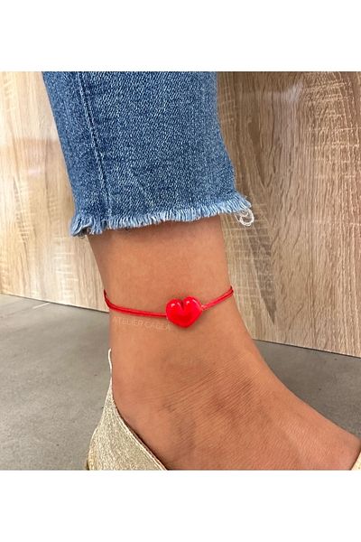 Atelier Çağla Red Murano Glass Heart Rope Anklet