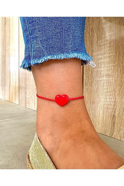 Atelier Çağla Red Murano Glass Heart Rope Anklet