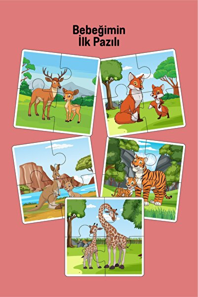 metafortoys 5 Adet Ahşap 4 Parça Yapboz Bebeğimin Ilk Pazıl Seti (ZÜRAFA-CEYL...