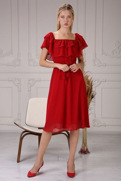 Azra Style Rochie de damă roșie din șifon cu guler Carmen