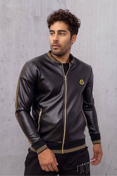 DAVID&GERENZO Siyah Sırt Taş Aslan Baskı Detay Suni Deri Ceket